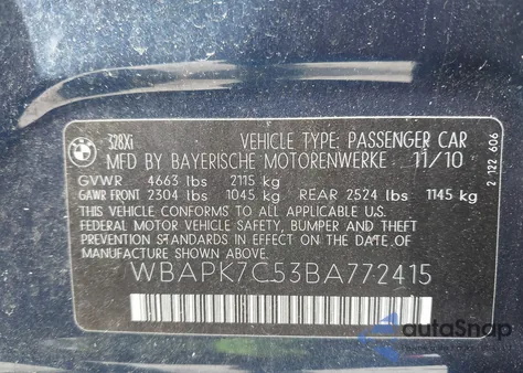 2011 BMW 328I xDrive from USA, damaged, VIN WBAPK7C53BA772415
